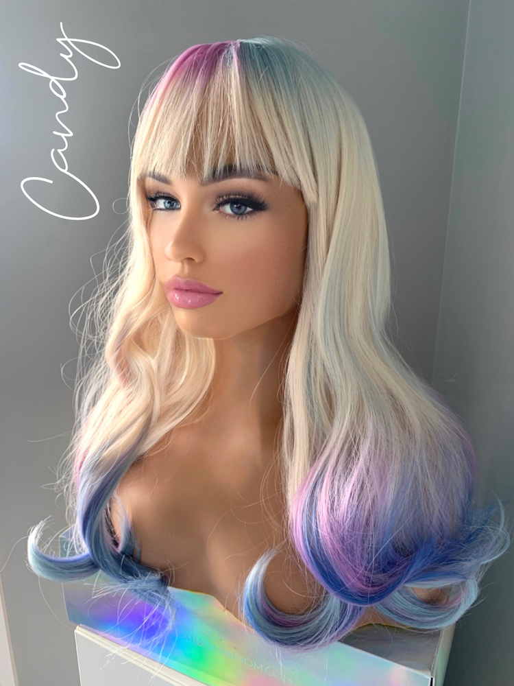 "Candy" - Long Wavy Blonde Rainbow Synthetic Wig with Bangs