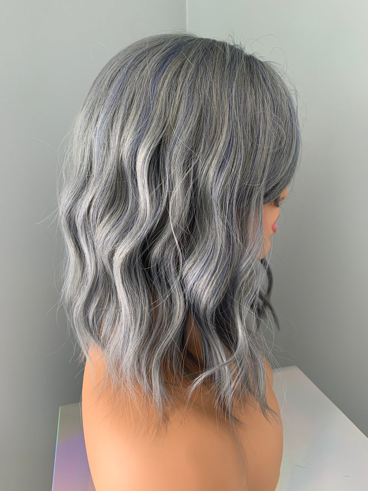 "Kira" - Short Dusk Blue Grey Wavy Synthetic Wig with Bangs