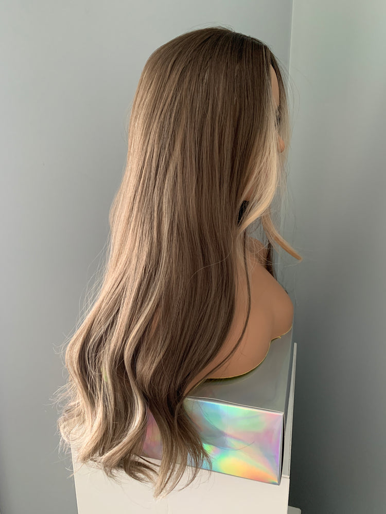 "Madison" - Long Brown Synthetic Wig Blonde Money Piece Highlights
