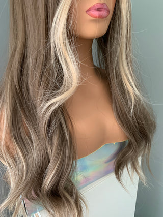 "Madison" - Long Brown Wig with Blonde Money Piece Highlights