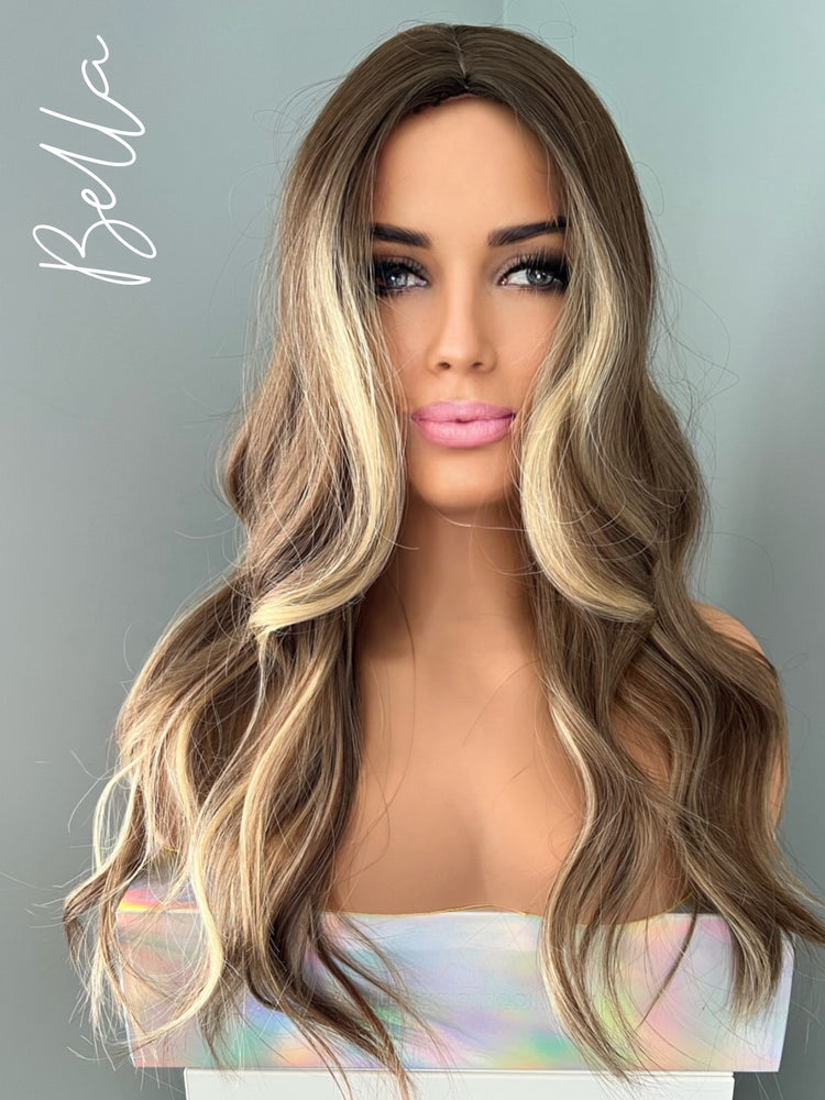 "Bella" - Brown Synthetic Wig Blonde Money Piece Highlights