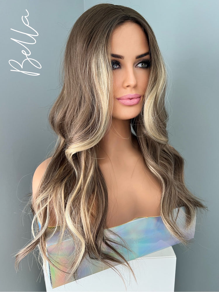 "Bella" - Brown Synthetic Wig Blonde Money Piece Highlights