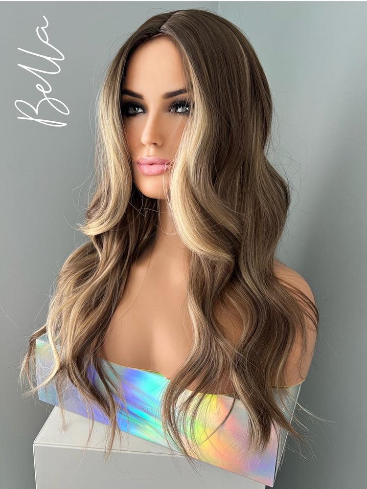 "Bella" - Brown Synthetic Wig Blonde Money Piece Highlights