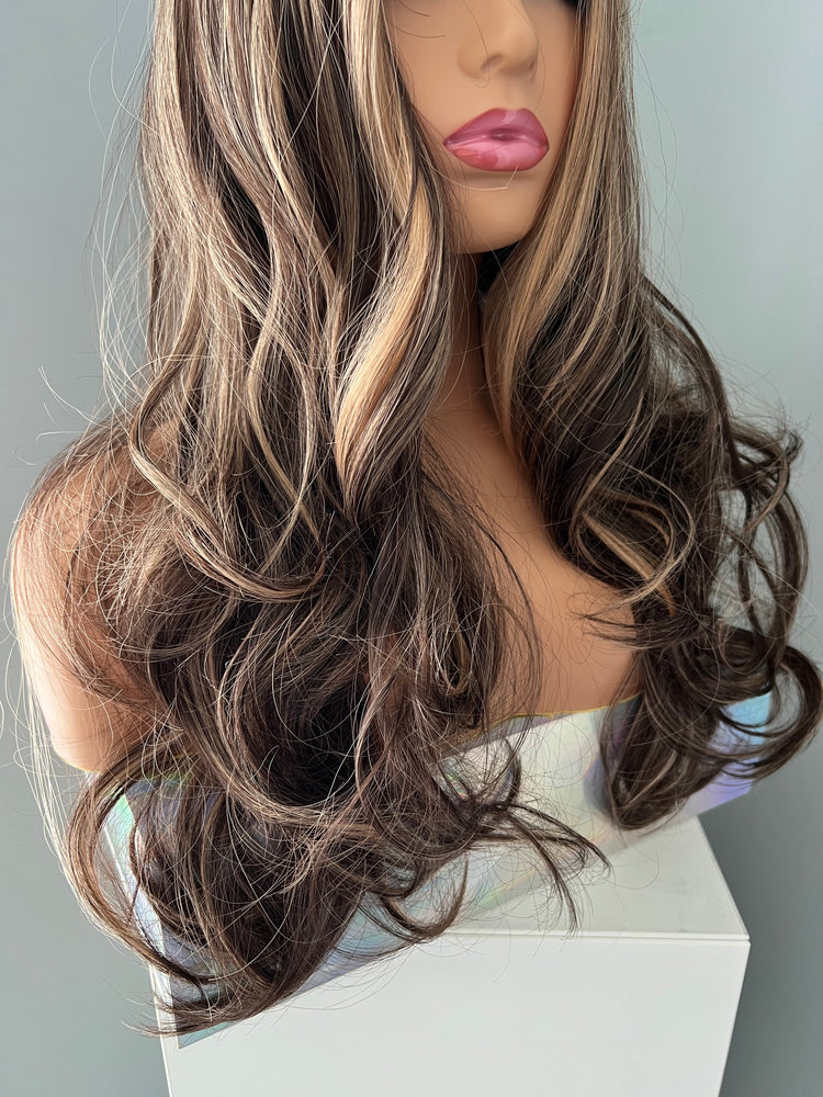 "Devon" - Long Brown Curled Wig With Highlights