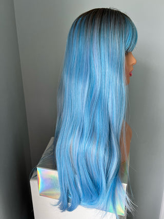 "Jade" - Long Blue Wig with Bangs and Dark Root
