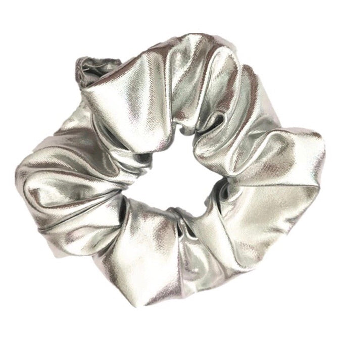 Silver - Metallic Grey Leather Scrunchie